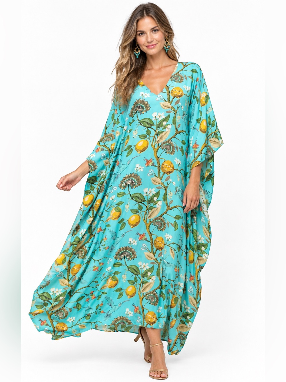 NICOBLU Flora Kaftan Dress Women’s Blue Hummingbird Kimono Sleeve Size L-XL